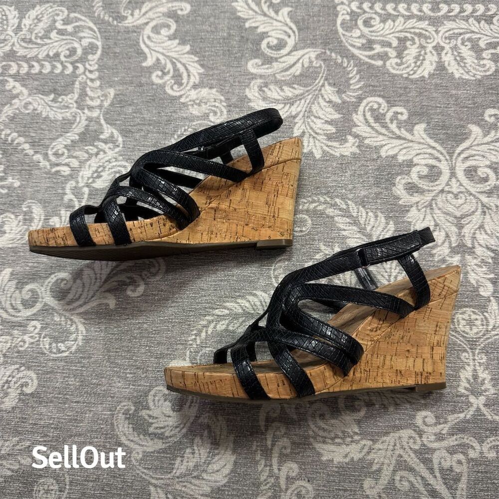 Aerosoles Women's Black Strappy Cork Wedge Sandals Size 10 Standard